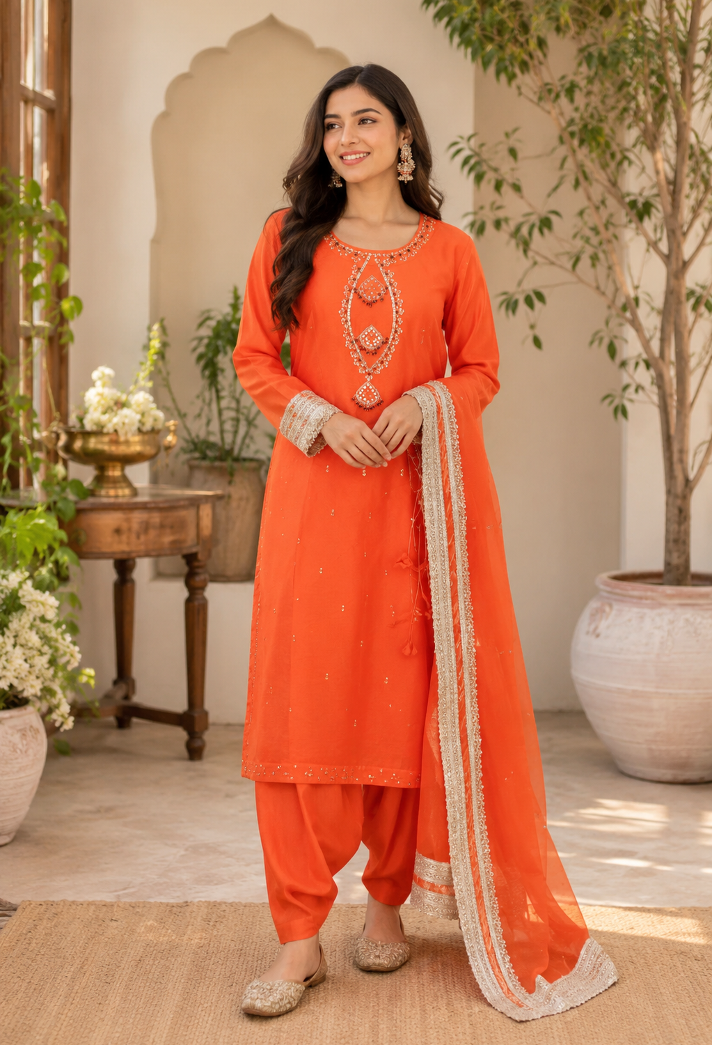 Handmade Orange Lawn 3-Piece Suit with Tassel Neckline Handcrafted Embellishments