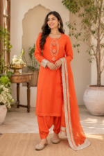 Handmade Orange Lawn 3-Piece Suit with Tassel Neckline Handcrafted Embellishments