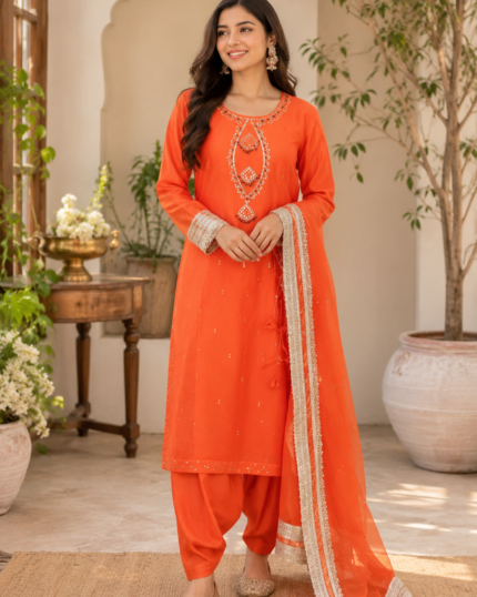 Handmade Orange Lawn 3-Piece Suit with Tassel Neckline Handcrafted Embellishments