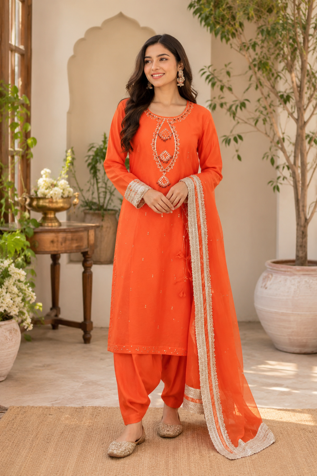 Handmade Orange Lawn 3-Piece Suit with Tassel Neckline & Handcrafted Embellishments Handmade Orange Lawn 3-Piece Suit with Tassel Neckline Handcrafted Embellishments