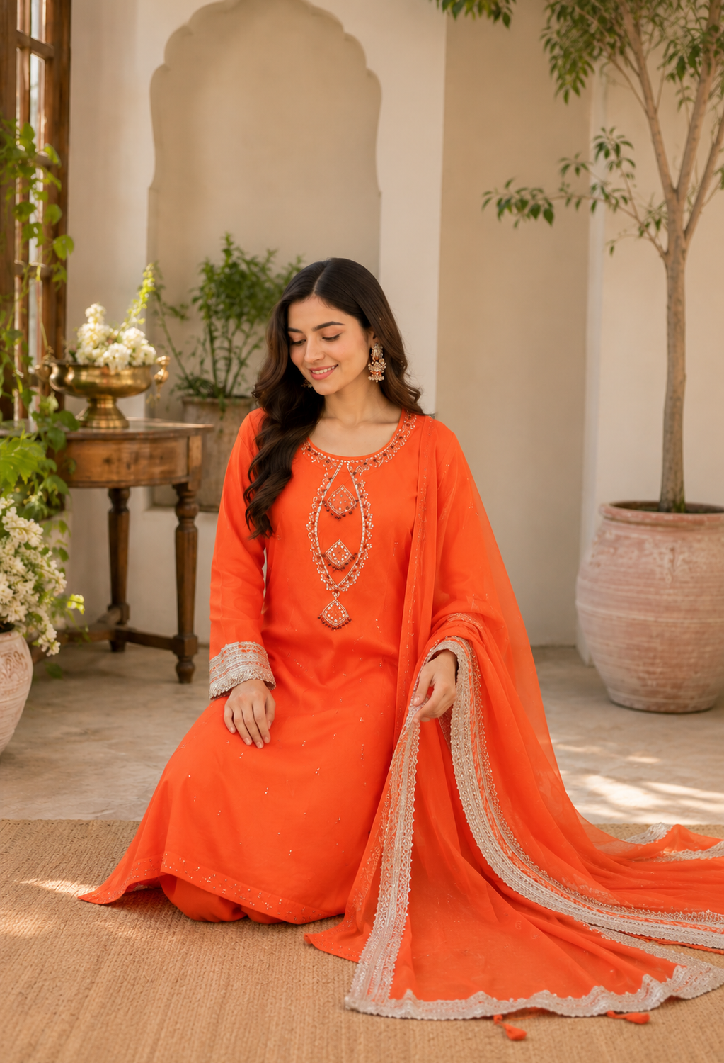 Handmade Orange Lawn 3-Piece Suit with Tassel Neckline Handcrafted Embellishments