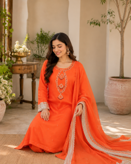 Handmade Orange Lawn 3-Piece Suit with Tassel Neckline Handcrafted Embellishments