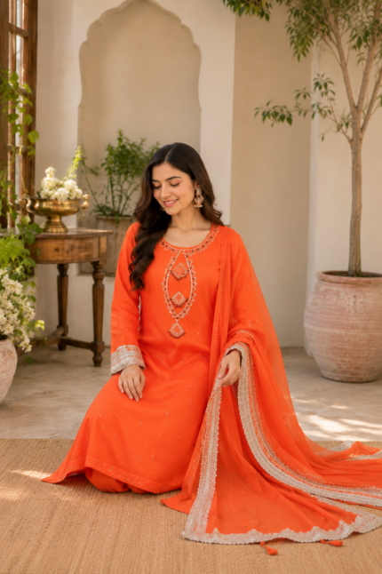 Handmade Orange Lawn 3-Piece Suit with Tassel Neckline Handcrafted Embellishments