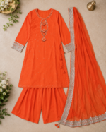 Handmade Orange Lawn 3-Piece Suit with Tassel Neckline Handcrafted Embellishments
