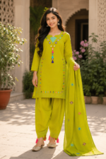 Lime Green Mirror Work & Tassel Embroidered Kurti