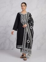 Black Embroidered 3-Piece Lawn Suit with Printed Dupatta