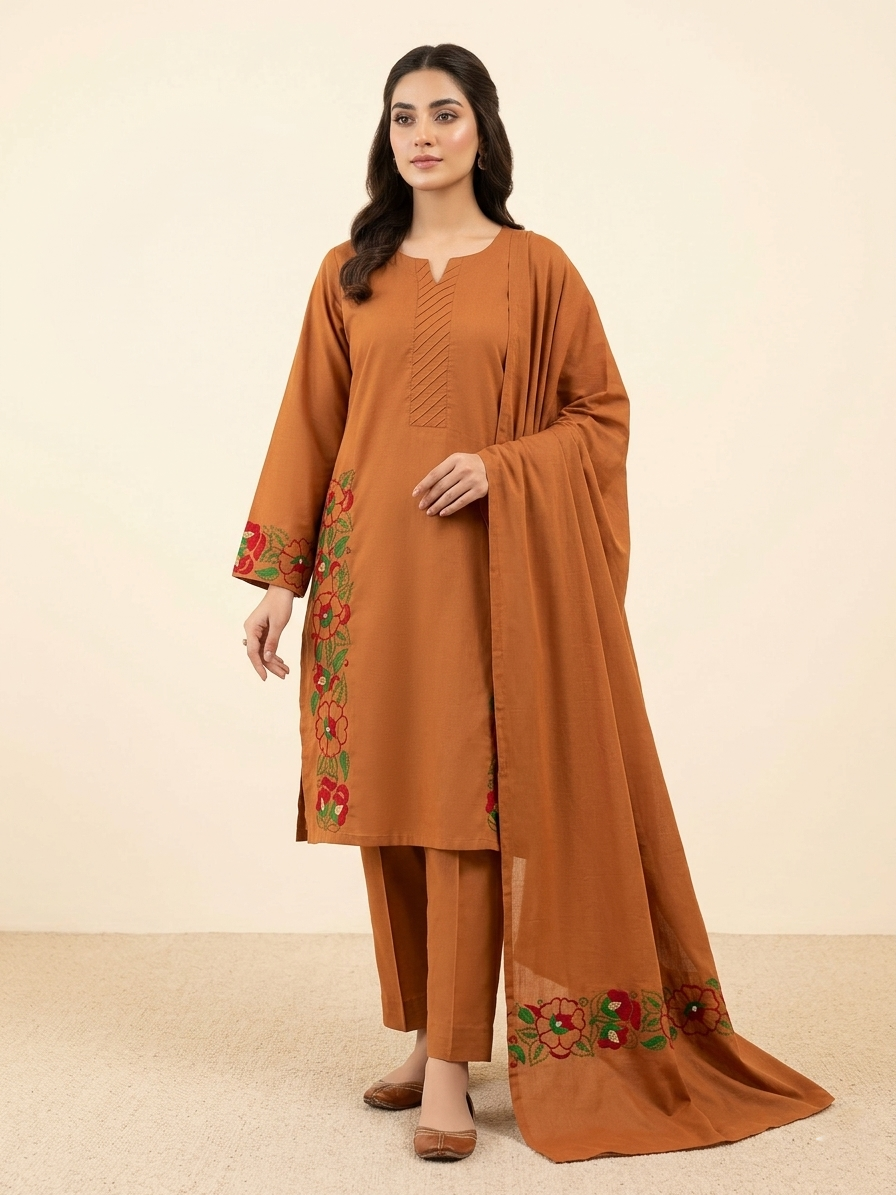 Rust Brown Embroidered 3 Piece Lawn Suit