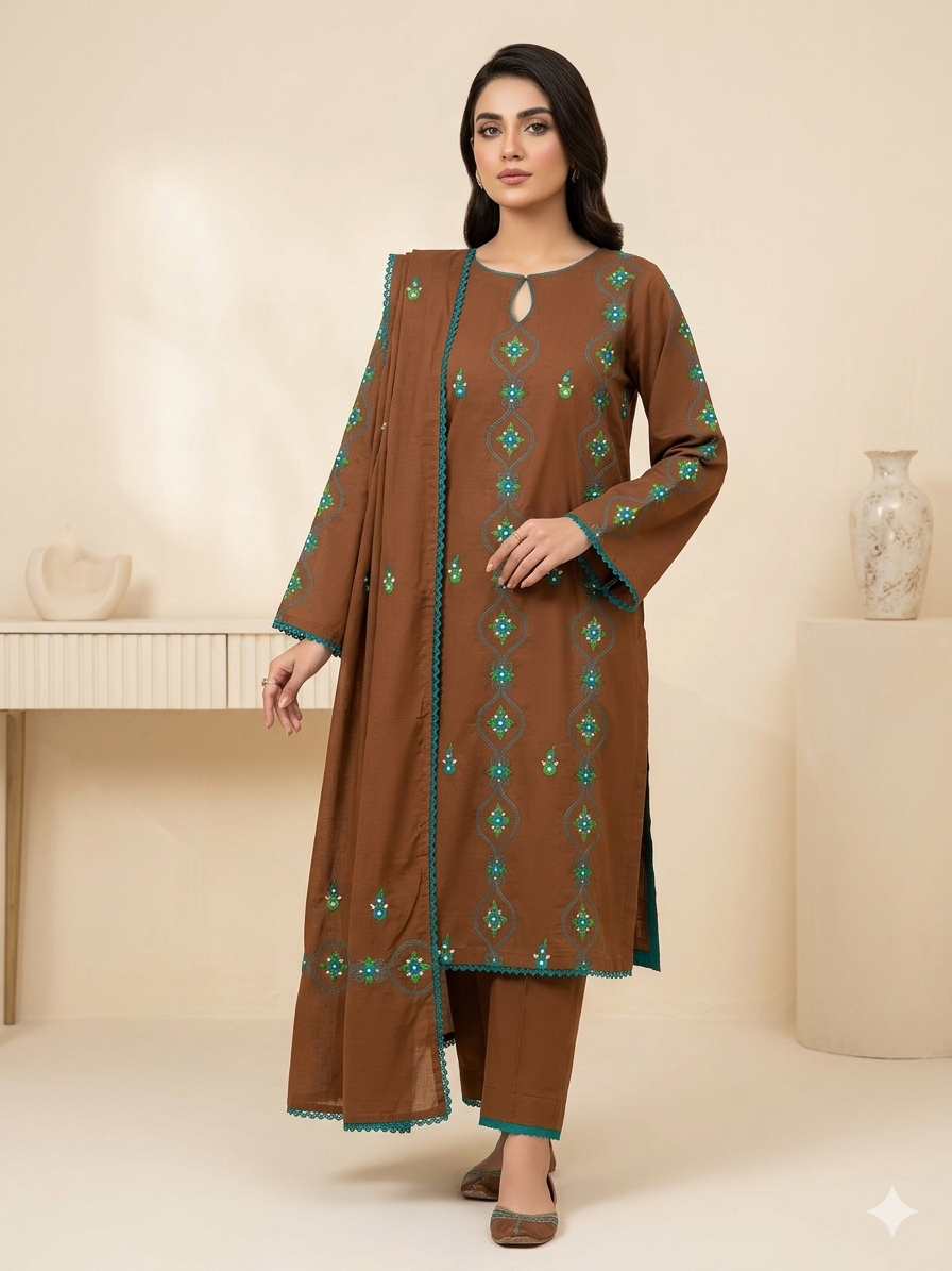 Brown Embroidered 3 Piece Suit