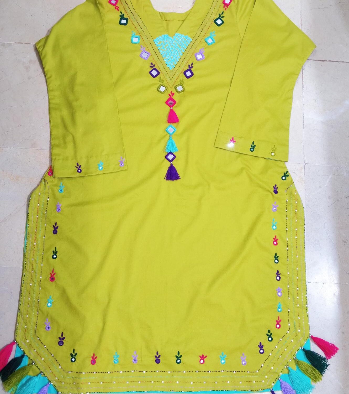 Lime Green Mirror Work & Tassel Embroidered Kurti