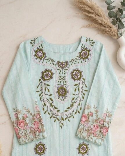 Lime Green Dori Thread Work Mirror Printing Suit with Tassel