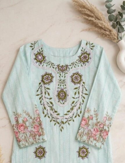 Lime Green Dori Thread Work Mirror Printing Suit with Tassel
