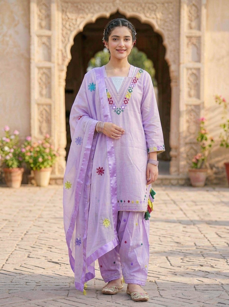 Lavender Mirror Work Traditional 3-Piece Suit Lavender Mirror Work