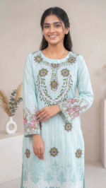 Lime Green Dori Thread Work Mirror Printing Suit with Tassel