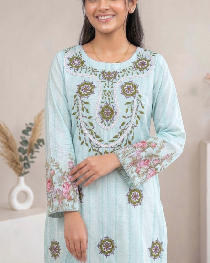 Lime Green Dori Thread Work Mirror Printing Suit with Tassel