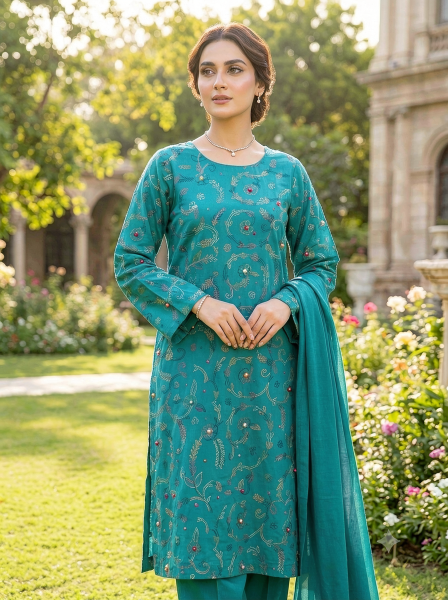 Teal Embroidered 3 Piece Lawn Suit