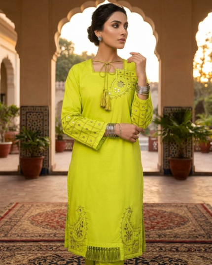 Lime Green Embroidered Mirror-Work Suit