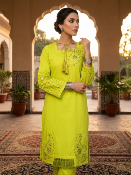 Lime Green Embroidered Mirror-Work Suit